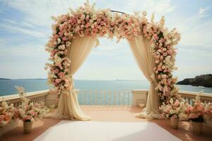 peachy kust ceremoni blommig båge, hav bakgrund, och vaser av vibrerande blommor ai genererad foto
