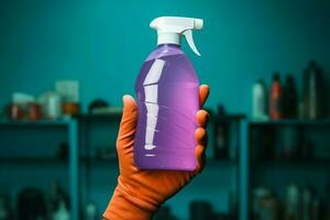 person presenter en rengöringsmedel flaska i en kontrollerade studio miljö ai genererad foto