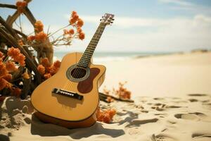 musik möter natur som ett akustisk gitarr harmoniserar med de lugn sand. ai genererad foto