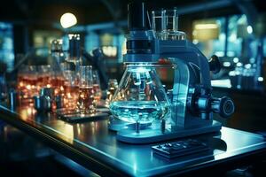 labb glas anordnad bredvid en mikroskop, avvaktan vetenskaplig utforskning ai genererad foto