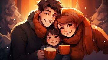 Lycklig familj dricka varm choklad i vinter- foto