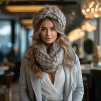 ung kvinna i eleganta vinter- utrusta foto
