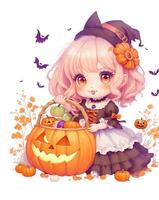 söt flicka med pumpa färgrik halloween grafik foto