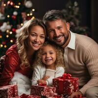 glad familj med jul presenterar och dekorationer foto
