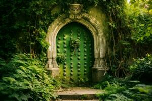 grönskande dörr grön trädgård. generera ai foto