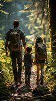 familj vandring genom frodig skog foto