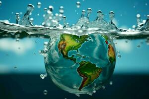 jord tar form som en klot med transparent vatten och dynamisk stänk ai genererad foto