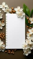 vit bakgrund Utsmyckad med kaffe, anteckningsblock, och färsk blommor vertikal mobil tapet ai genererad foto