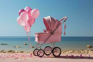 märkning de ankomst av en bebis flicka med en rosa sittvagn på högtider ai genererad foto