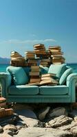 havet fly, böcker staplade, maklig läsning med omfattande hav bakgrund vertikal mobil tapet ai genererad foto