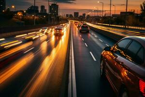 rörelse fläck fångar de takt av morgon- trafik på en generisk motorväg ai genererad foto