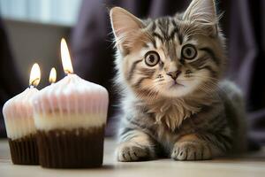 isolerat på vit förtjusande kattunge blickar på choklad cupcake, en födelsedag skådespel ai genererad foto