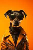 Häftigt hund med modern kläder och bär solglasögon. enkel djur- kreativ begrepp isolerat på färgrik bakgrund. foto