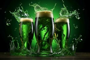 grön öl häller in i glasögon, skapande en livlig stänk av skum och bubblor ai genererad foto