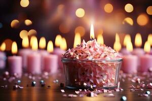 rosa bakgrund värdar festlig födelsedag ljus, belysande de fester glad atmosfär ai genererad foto