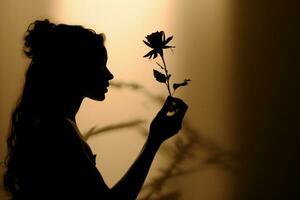 silhuetter flätas ihop som en kvinna omfamnar en skön, blomstrande blomma ai genererad foto