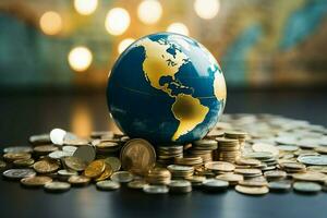 glas värld boll, guld mynt, och en Bank motbok i en stänga upp global finansiell begrepp ai genererad foto