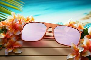 sommar Semester vibrafon strand Tillbehör, solglasögon, vibrerande blommor, och handflatan löv ai genererad foto