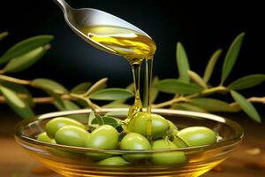 oliv olja jet, oliv gren, och sked en harmonisk kulinariska trio ai genererad foto