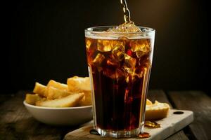 cola varelse hällde in i en glas på en trä- tabell nära franska frites ai genererad foto