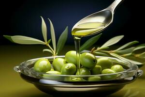 elegant sammansättning en jet av oliv olja, ett oliv gren, och en sked ai genererad foto