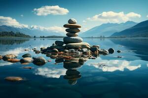 lugn zen landskap, sten jämvikt, andlig hamn, fredlig natur miljö ai genererad foto