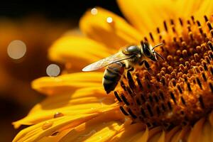 solbelyst bin samla pollen, förkroppsligande naturer partnerskap i solros nektar samling ai genererad foto