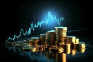 finansiell data begrepp 3d pengar Graf, blå mynt, och stock marknadsföra välstånd ai genererad foto