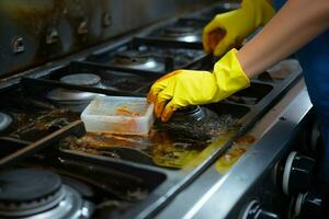närbild topp se kvinnors handskar hand rengör smutsig spis posta matlagning, fattande hushållsarbete ai genererad foto
