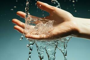 närbild av en kvinnors hand fattande de uppfriskande stänk av vatten, främja hudvård ai genererad foto
