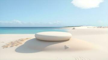 ai generativ, tömma avrundad trä- podium produkt visa på vit sand strand över de hav foto