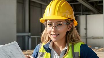 ai generativ, , ung kvinna webbplats ingenjör med en säkerhet väst och Hardhat foto