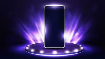 smartphone på violett podium för produkt presentation med spotlights, 3d realistisk vektor illustration. foto