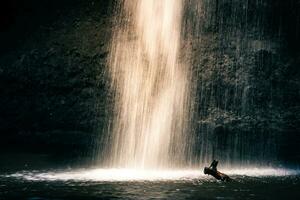 stänk vattenfall med ljus solljus släppa på damm med mörk grotta. foto