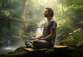 ai generativ Foto av en man praktiserande mindfulness och meditation i en fredlig naturlig miljö sony a7s realistisk bild, ultra hd, hög design mycket detaljerad