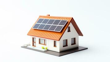 miniatyr- hus modell med sol- panel på tak på vit bakgrund. smart Hem energi sparande begrepp. generativ ai foto