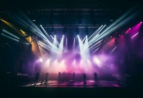 ai generativ konsert skede landskap med spotlights färgad lampor rök foto