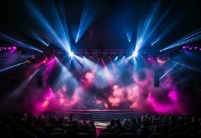 ai generativ konsert skede landskap med spotlights färgad lampor rök foto