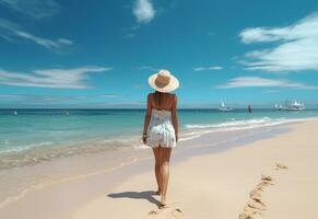 ai generativ ung turist kvinna i sommar klänning och hatt stående på skön sandig strand. söt flicka njuter foto