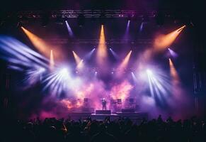 ai generativ konsert skede landskap med spotlights färgad lampor rök foto