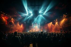 ai generativ fullt med folk konsert skede landskap med spotlights och färgad lampor realistisk bild, ultra hd foto