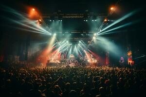 ai generativ fullt med folk konsert skede landskap med spotlights och färgad lampor realistisk bild, ultra hd foto