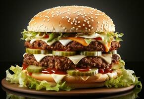 ai generativ dubbel- hamburgare isolerat på vit bakgrund färsk burger snabb mat med nötkött och grädde ost realistisk bild, ultra hd, hög design mycket detaljerad foto