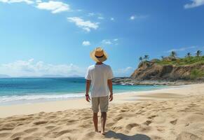 ai generativ tillbaka se ung turist man i sommar klänning och hatt stående på skön sandig strand. njuter. foto