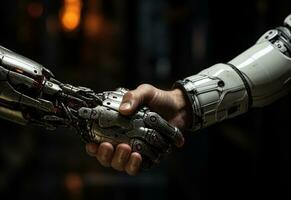 ai generativ handskakning, ett mänsklig manlig hand, ett robot hand i ett kontor bakgrund foto
