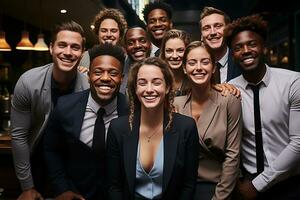ai generativ grupp av Lycklig företag man och företag kvinnor, klädd i kostymer är leende, i de kontor foto