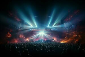 ai generativ fullt med folk konsert skede landskap med spotlights och färgad lampor realistisk bild, ultra hd foto