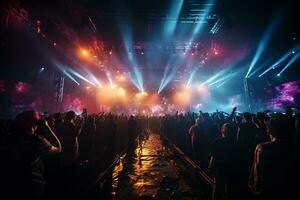 ai generativ fullt med folk konsert skede landskap med spotlights och färgad lampor realistisk bild, ultra hd foto