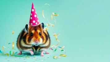 hamster i fest kon hatt halsband fluga utrusta isolerat på fast pastell bakgrund. ai generativ foto