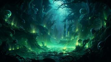 mystisk mörk skog med grön vatten och lysande träd på natt ai genererad foto